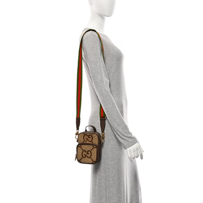 Gucci Monogram Jumbo GG Textured Dollar Calfskin Web Shoulder Bag Camel Ebony New Acero 2 of 10