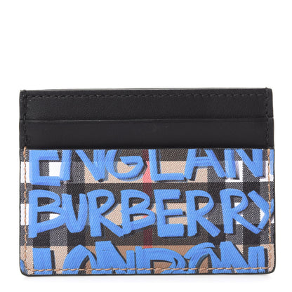 Burberry Calfskin Vintage Check Graffiti Print Card Holder Blue 1 of 8