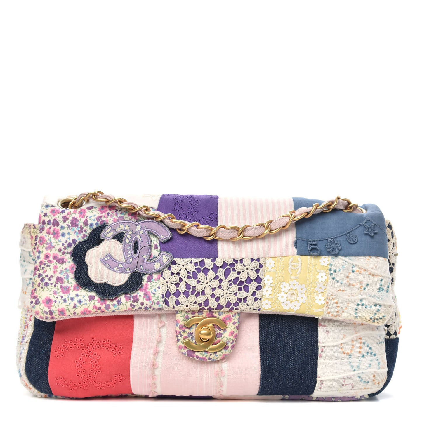 Fabric Patchwork Medium Flap Bag Pink