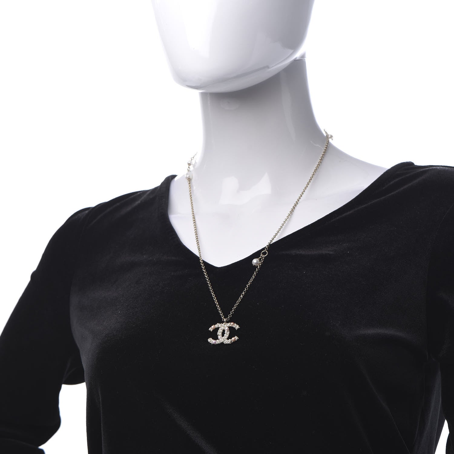 Chanel Crystal Pearl CC Pendant Necklace Gold Pink 2 of 7