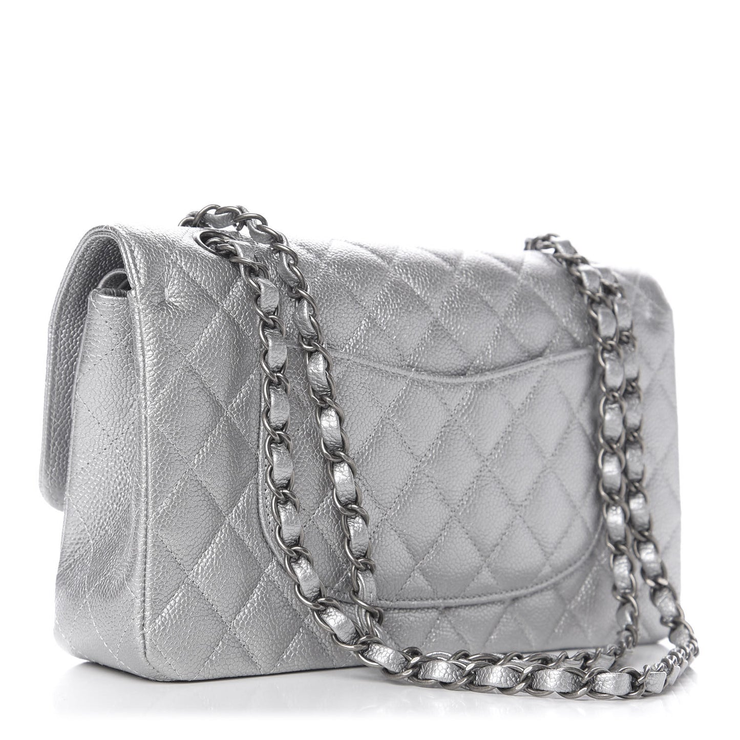 Metallic Caviar Quilted Medium Double Flap Silver