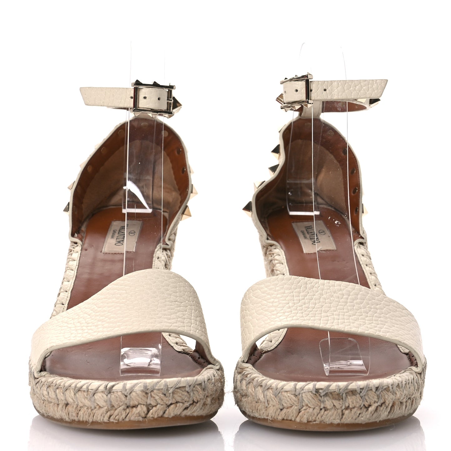 Grained Calfskin Rockstud Crisscross Ankle Strap Espadrille Wedge Sandals 39 Light Ivory