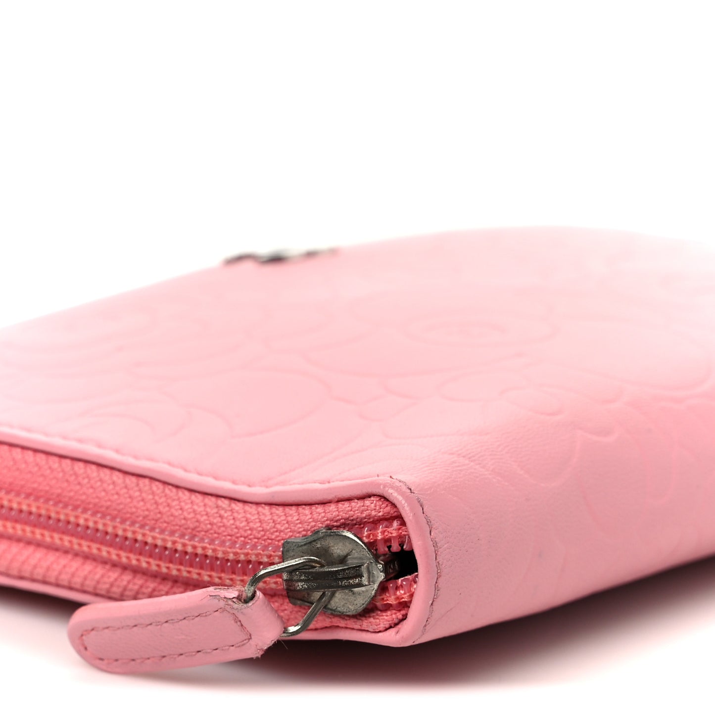 Lambskin Camellia Embossed Zip Around Organizer Wallet Pink