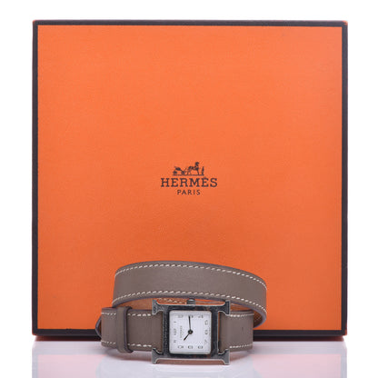 Hermes Stainless Steel Swift 21mm Heure H Hour Double Tour Quartz Watch Etoupe 9 of 9