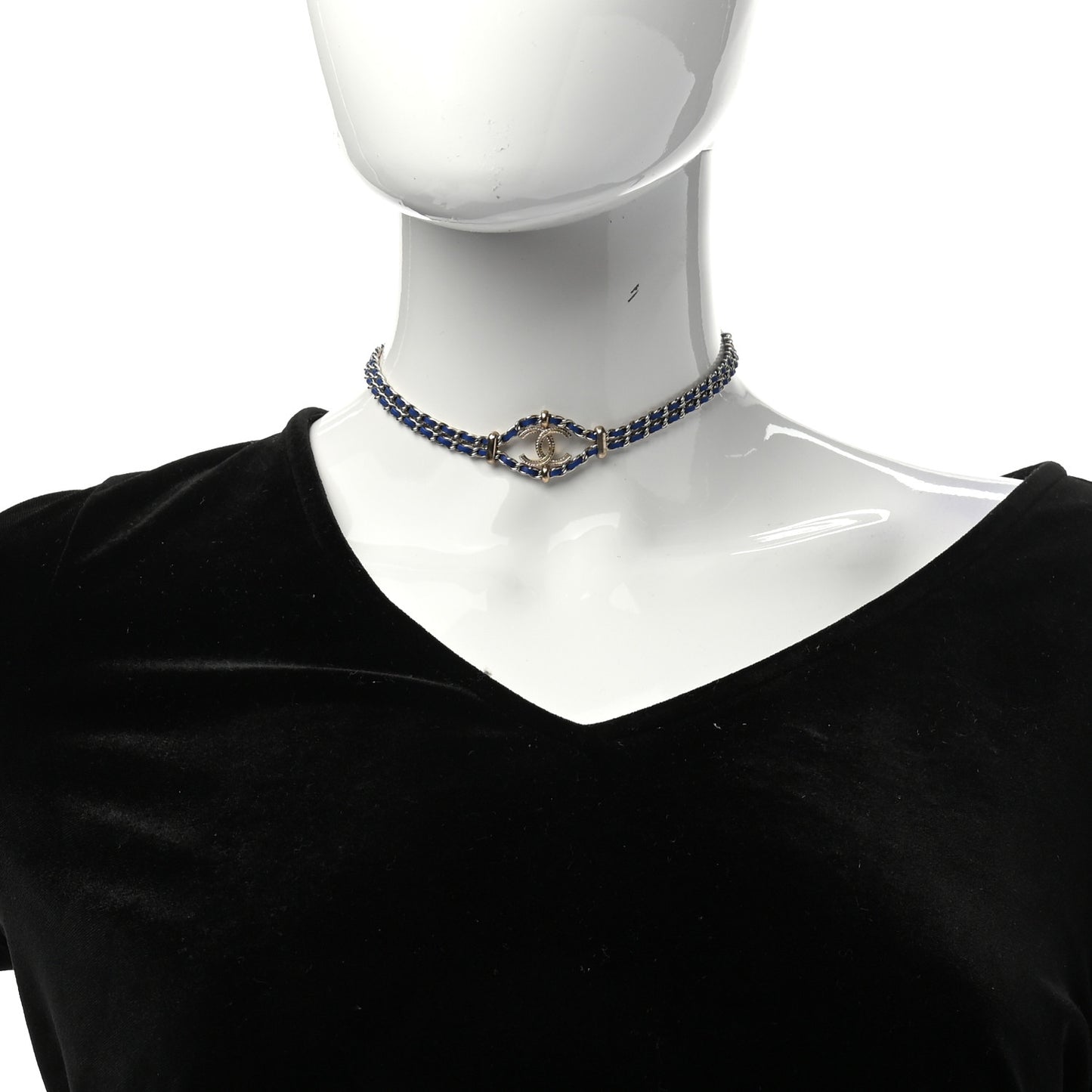 Metal Lambskin CC Chain Link Necklace Blue Gold