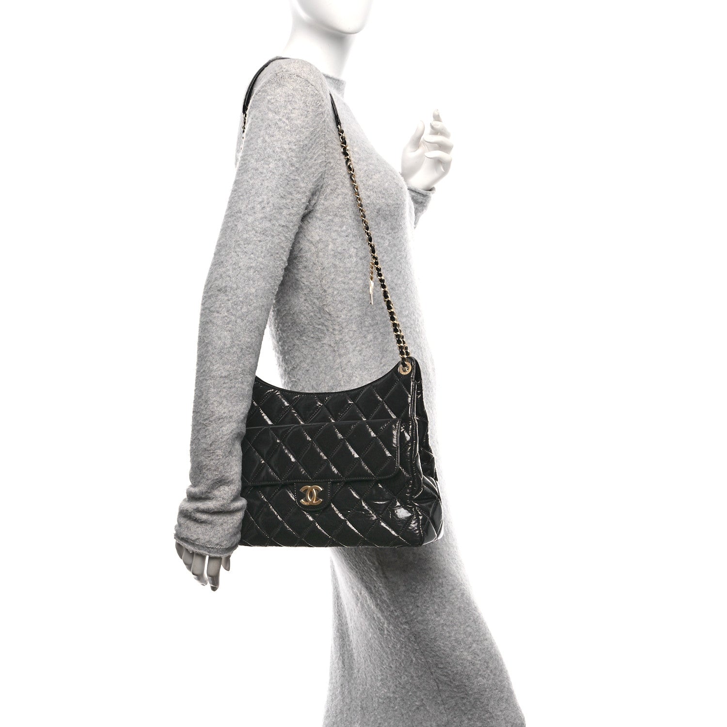 Chanel Shiny Crumpled Calfskin Quilted Large Wavy CC Hobo Black 2 of 9