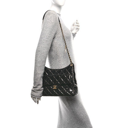 Chanel Shiny Crumpled Calfskin Quilted Large Wavy CC Hobo Black 2 of 9