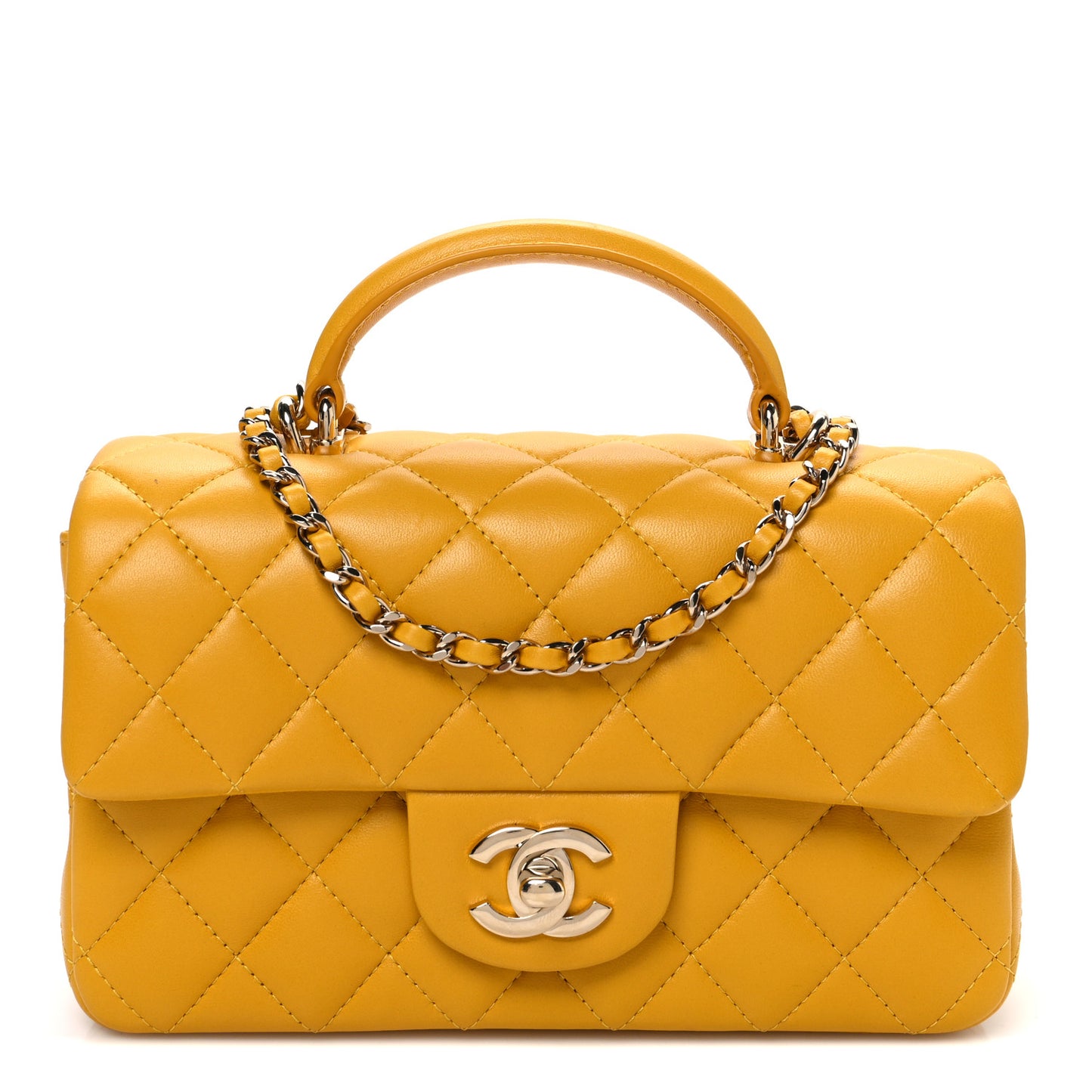 Lambskin Quilted Mini Top Handle Rectangular Flap Yellow