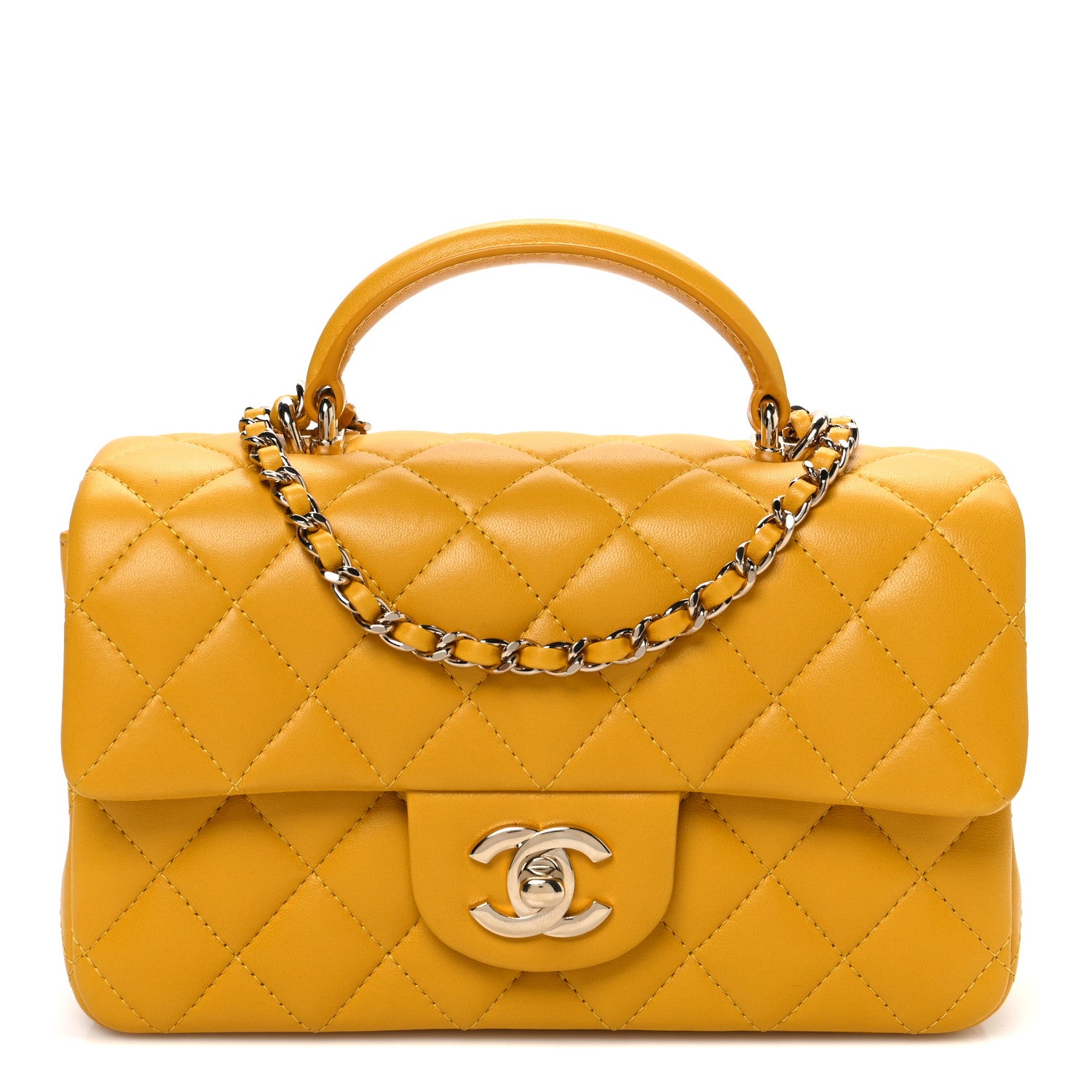 Chanel Lambskin Quilted Mini Top Handle Rectangular Flap Yellow 1 of 10