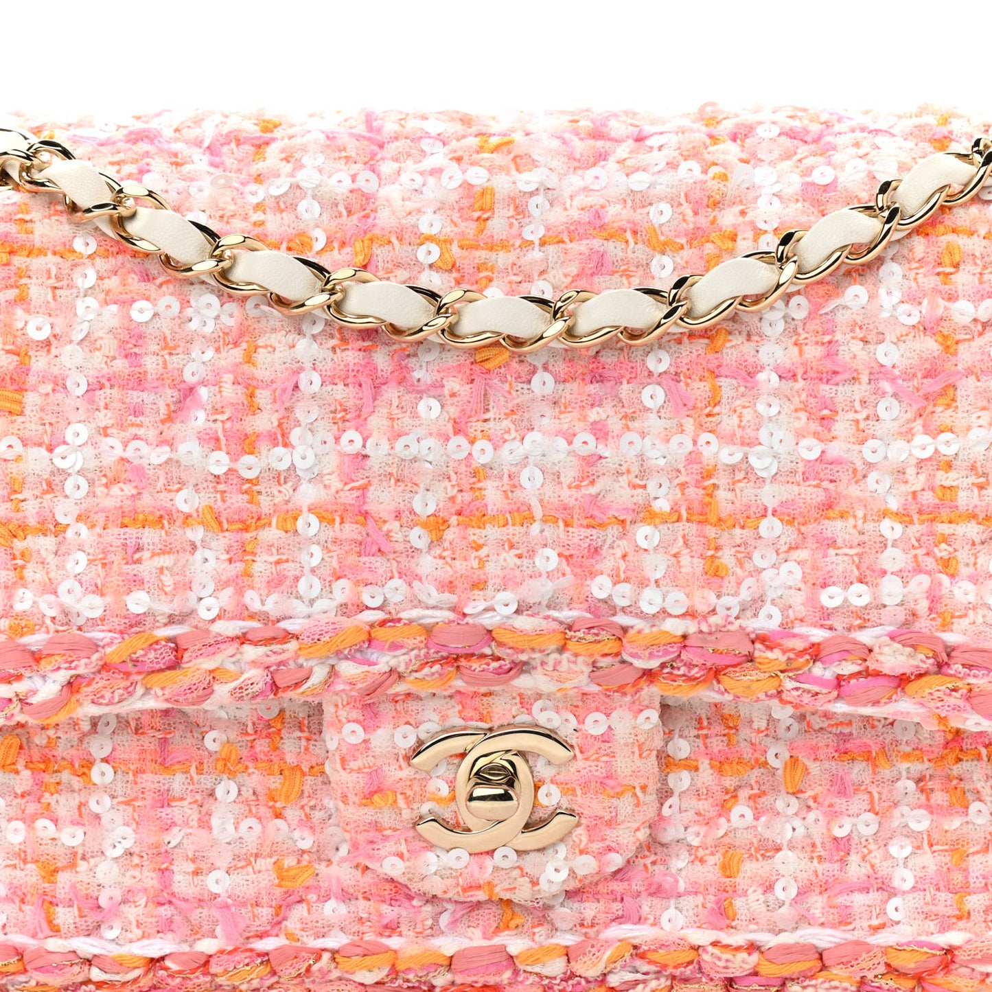 Tweed Braid Sequin Medium Double Flap White Pink Orange