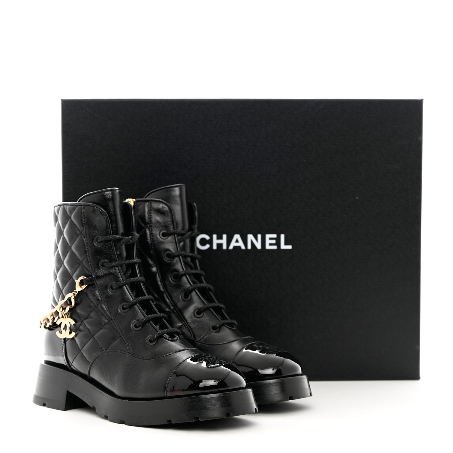 Shiny Calfskin Patent Quilted Chain Lace Up Combat Boots 36.5 Black