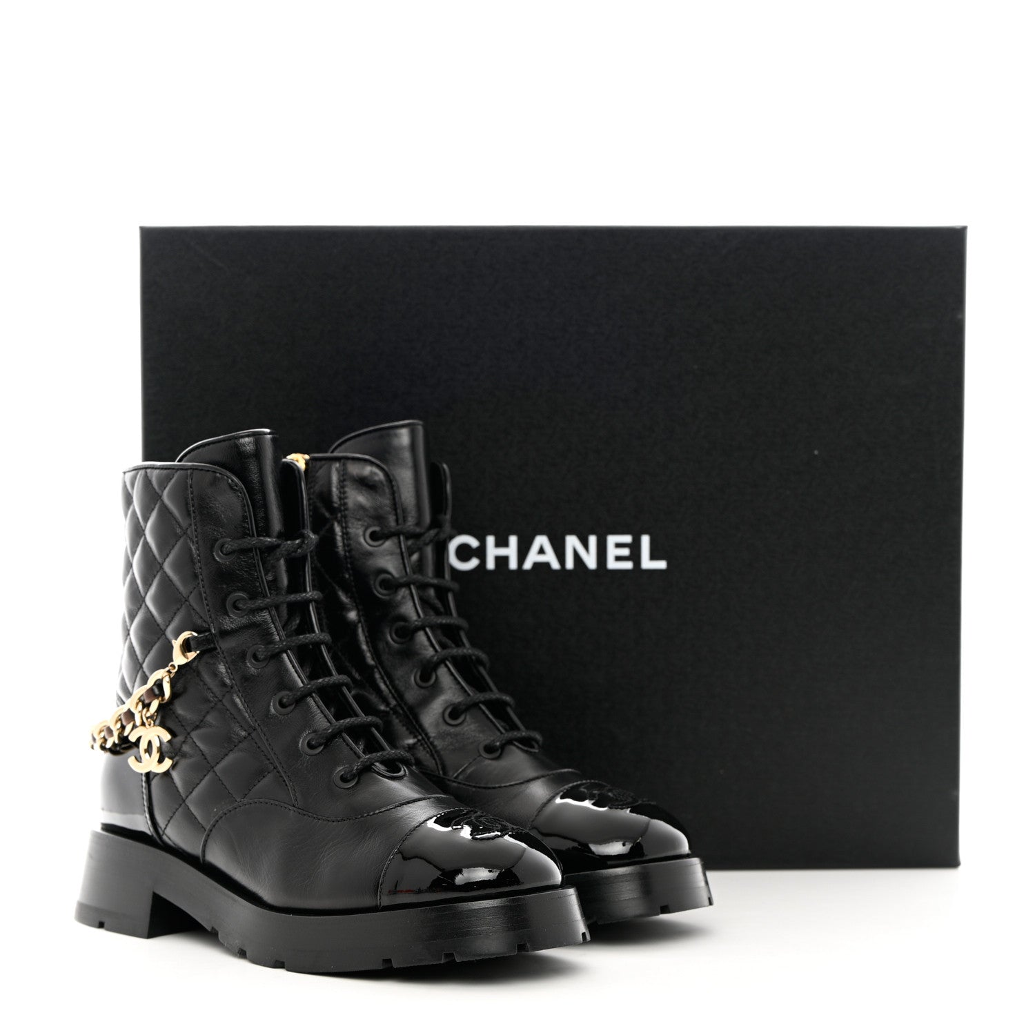 Chanel Shiny Calfskin Patent Quilted Chain Lace Up Combat Boots 36.5 Black 10 of 10