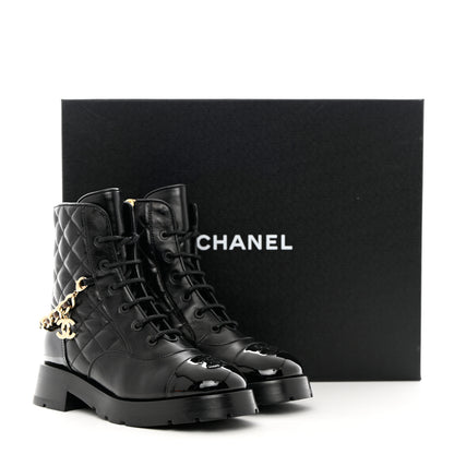 Chanel Shiny Calfskin Patent Quilted Chain Lace Up Combat Boots 36.5 Black 10 of 10
