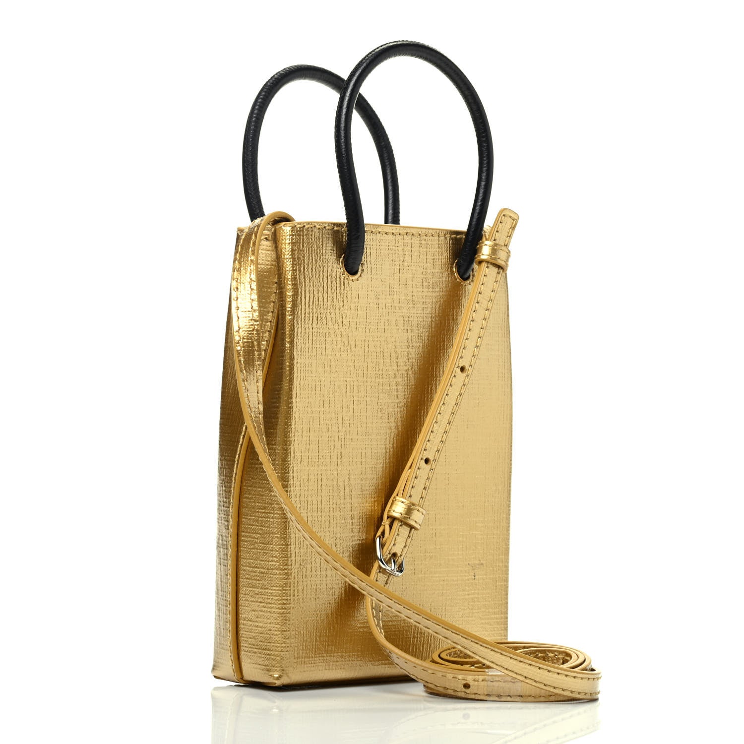 Balenciaga Metallic Textured Calfskin Logo Shopping Phone Holder Bag Gold 3 of 9