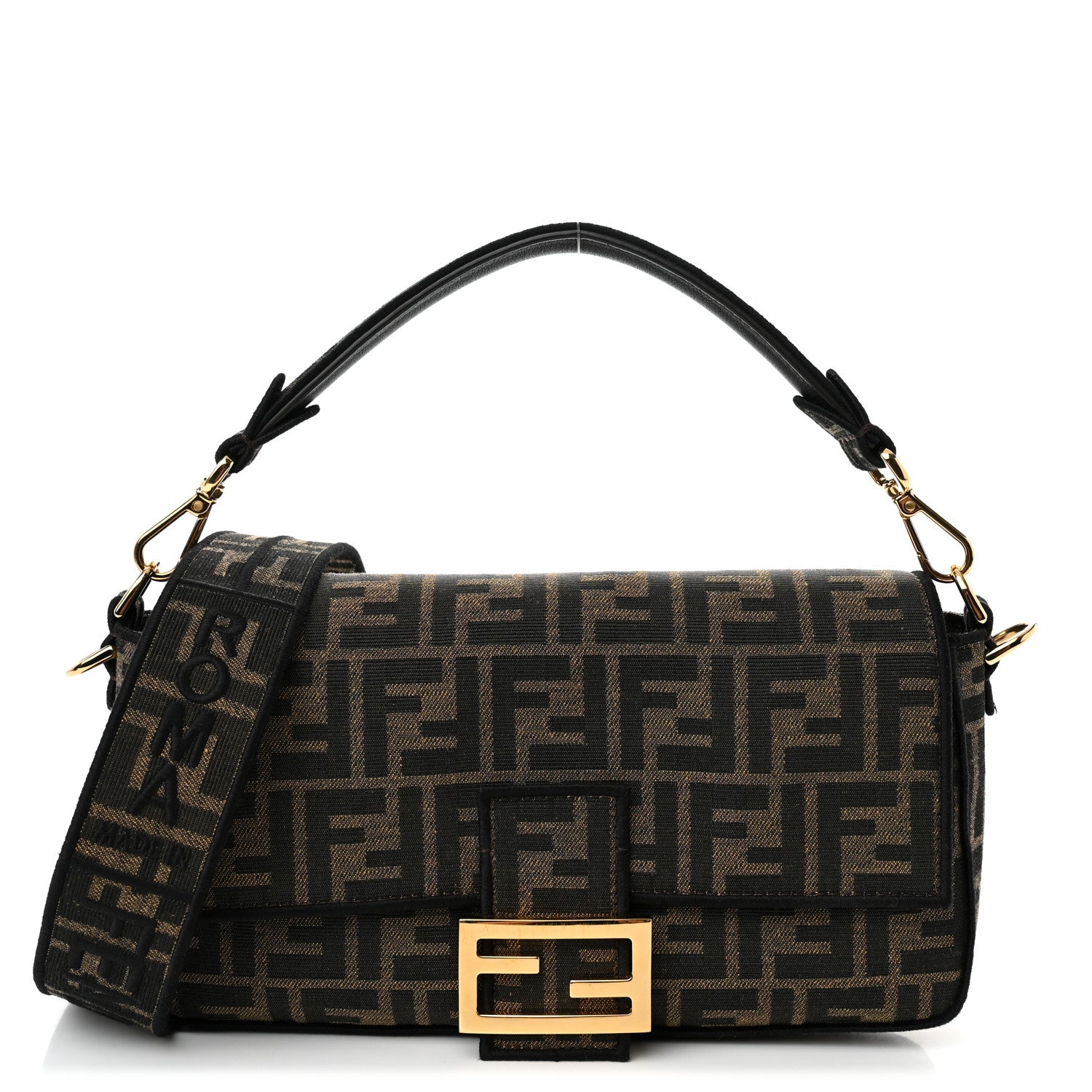 Fendi Fabric Jacquard FF 1974 Medium Baguette Tobacco Moro Black 1 of 12