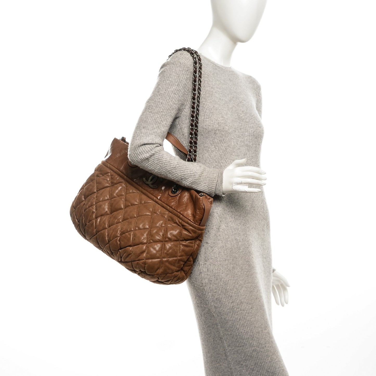 Iridescent Calfskin Quilted Large In The Mix Tote Light Brown