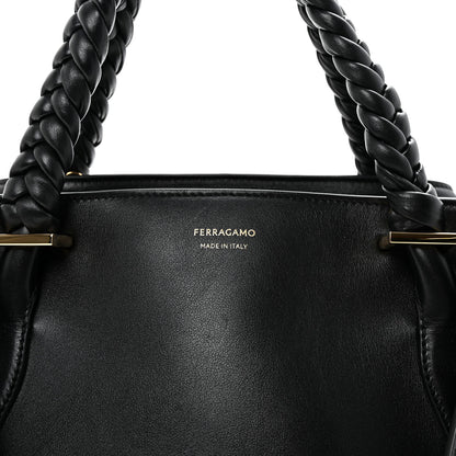 Salvatore Ferragamo Calfskin Braided Small Blossom Top Handle Bag Black 7 of 9