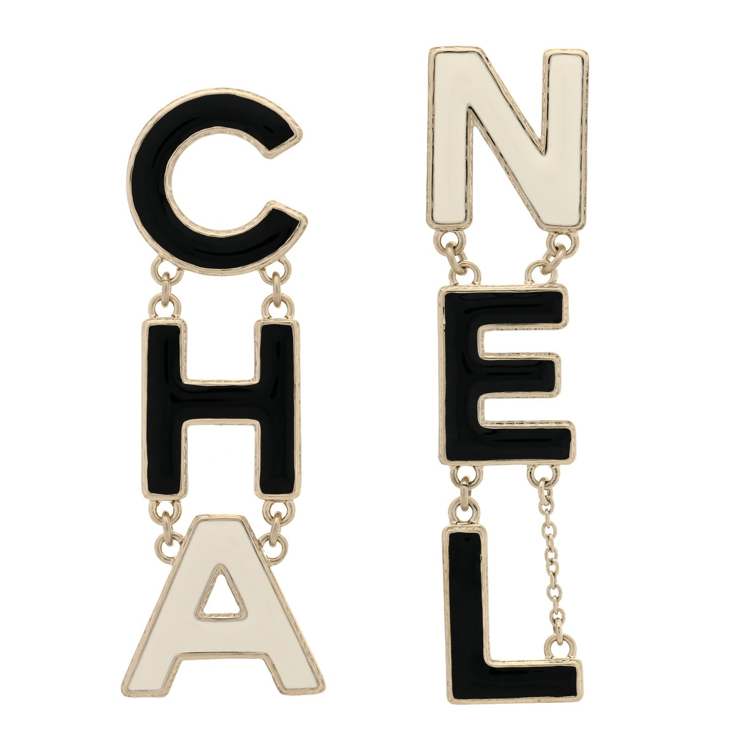 Metal Enamel Cha-Nel Logo Drop Earrings Black White