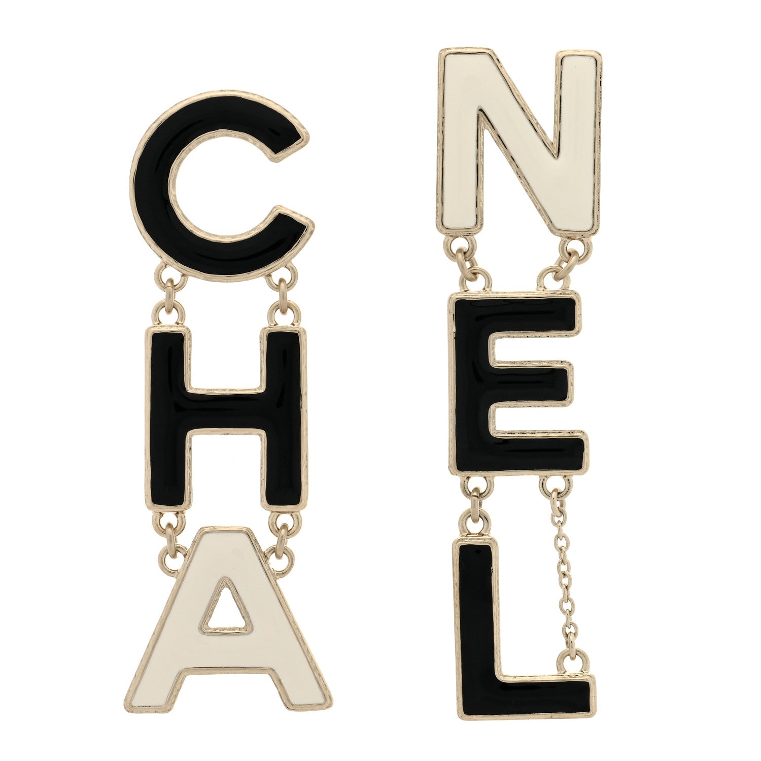 Chanel Metal Enamel Cha-Nel Logo Drop Earrings Black White 1 of 5