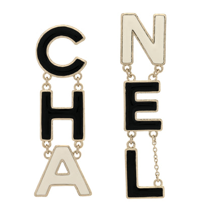 Chanel Metal Enamel Cha-Nel Logo Drop Earrings Black White 1 of 5