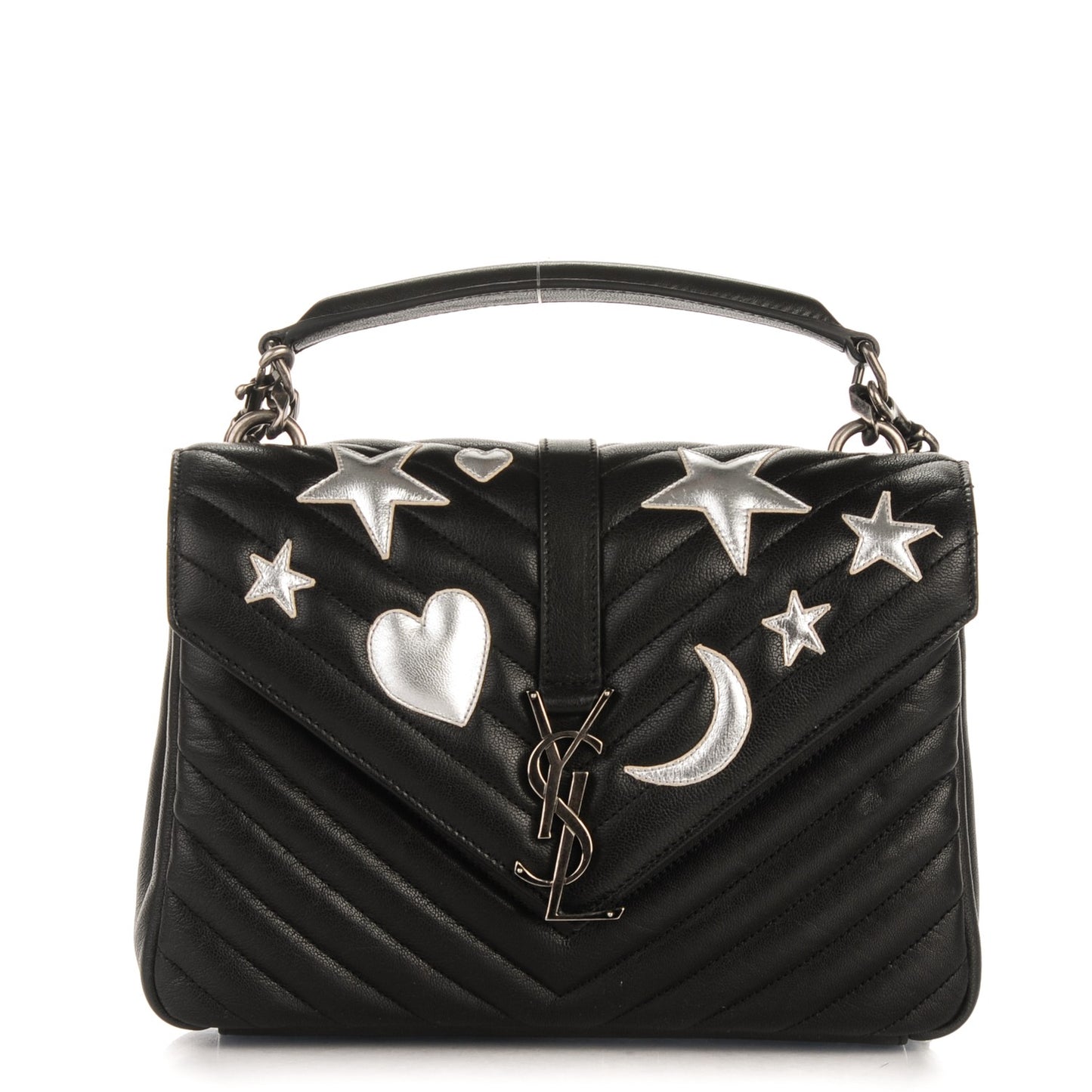 Sheepskin Matelasse Chevron Patchwork Monogram Medium College Bag Black