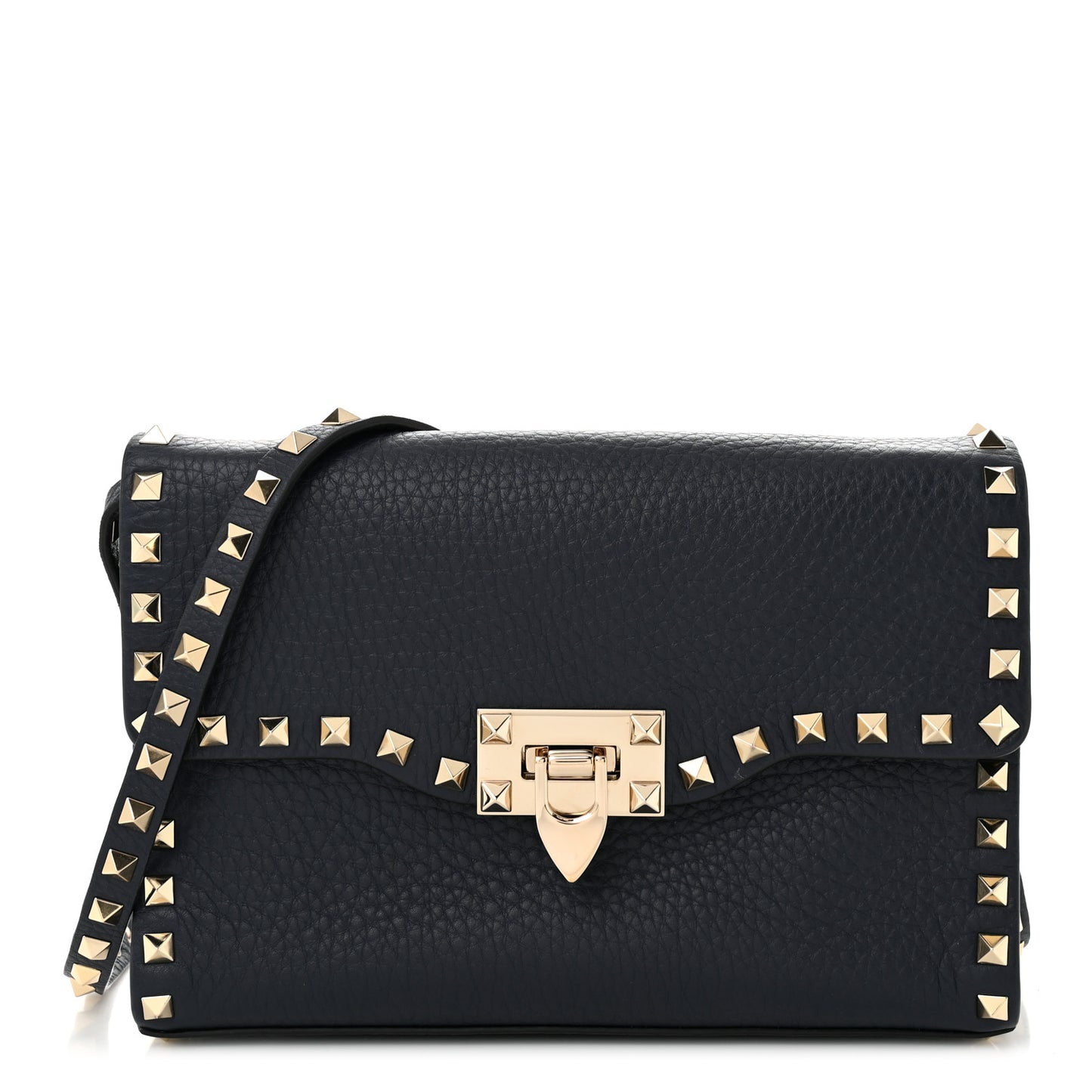 Pebbled Calfskin Medium Rockstud Flip Lock Crossbody Bag Navy