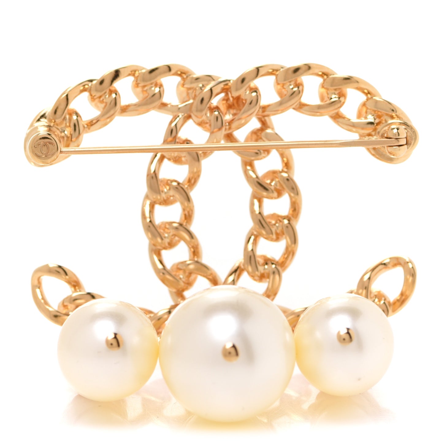 Chain Pearl Drop CC Brooch Gold