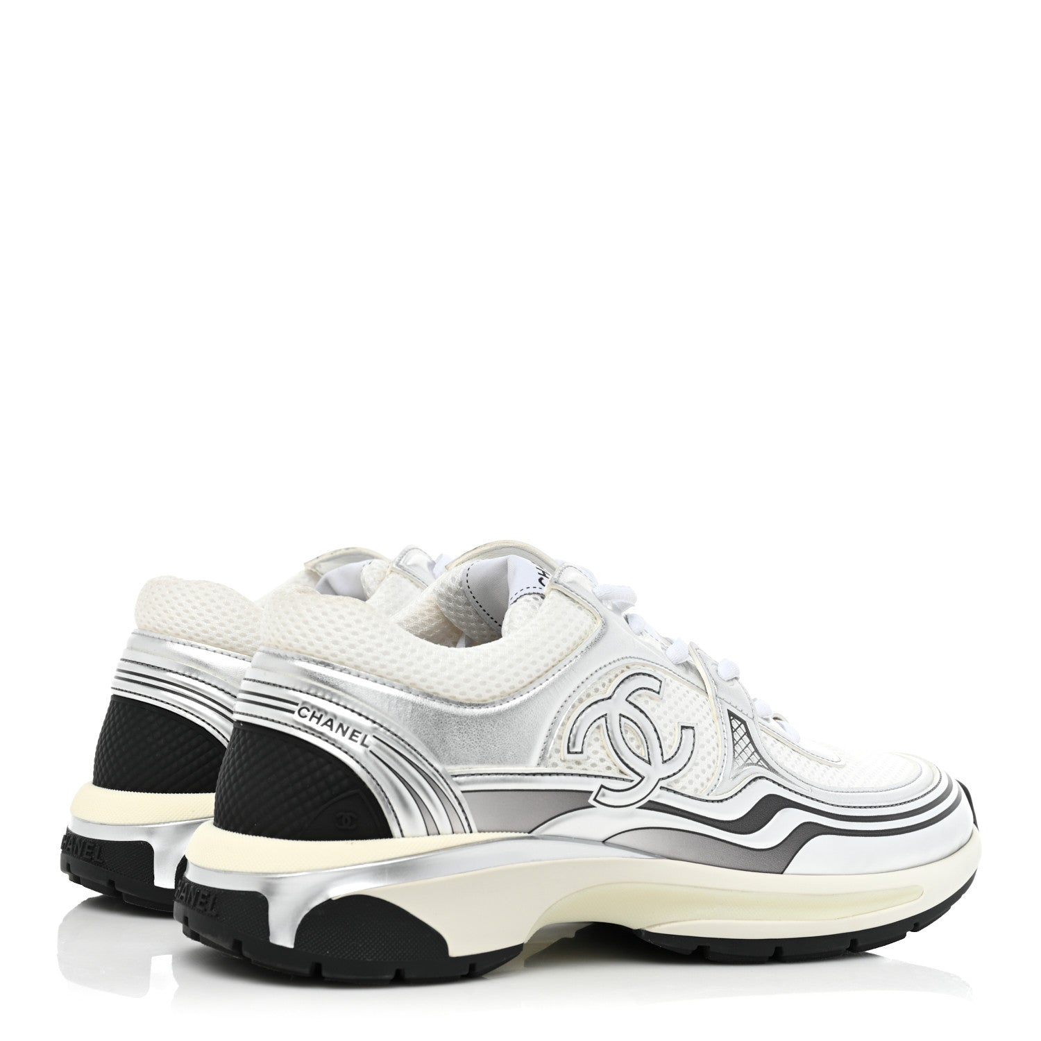 Chanel Fabric Laminated Calfskin Stretch CC Sneakers 39.5 White Silver 4 of 11