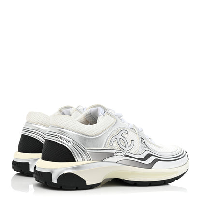 Chanel Fabric Laminated Calfskin Stretch CC Sneakers 39.5 White Silver 4 of 11