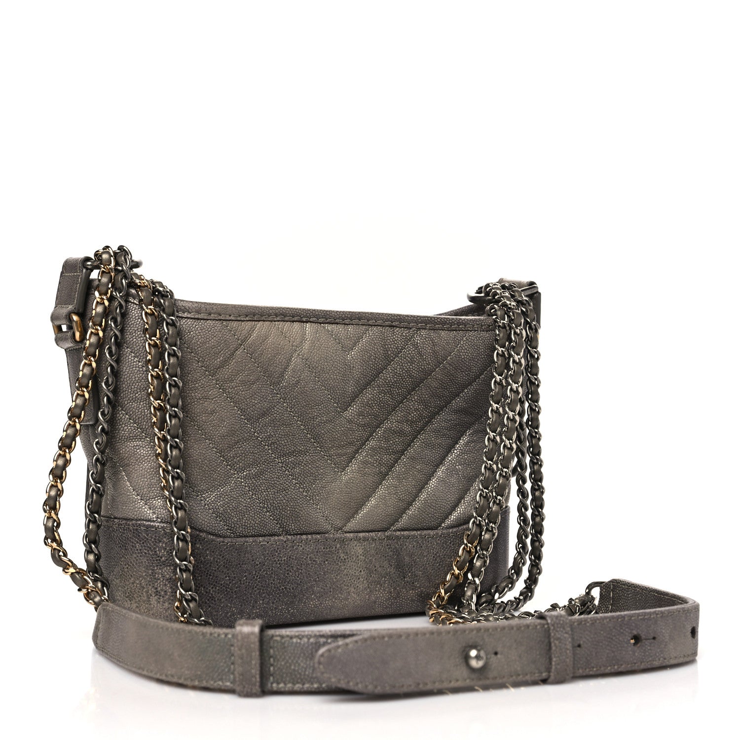 Chanel Metallic Caviar Chevron Quilted Small Gabrielle Hobo Light Silver Gold 3 of 11