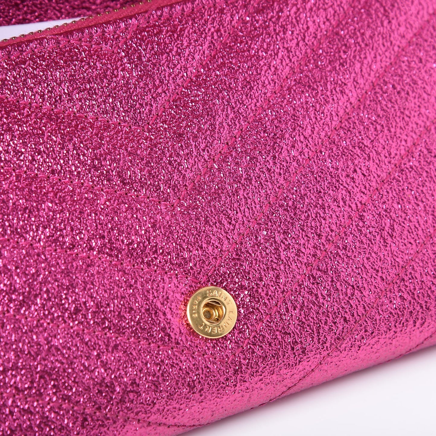 Metallic Crackled Calfskin Matelasse Chevron Monogram Flap Wallet Fuchsia
