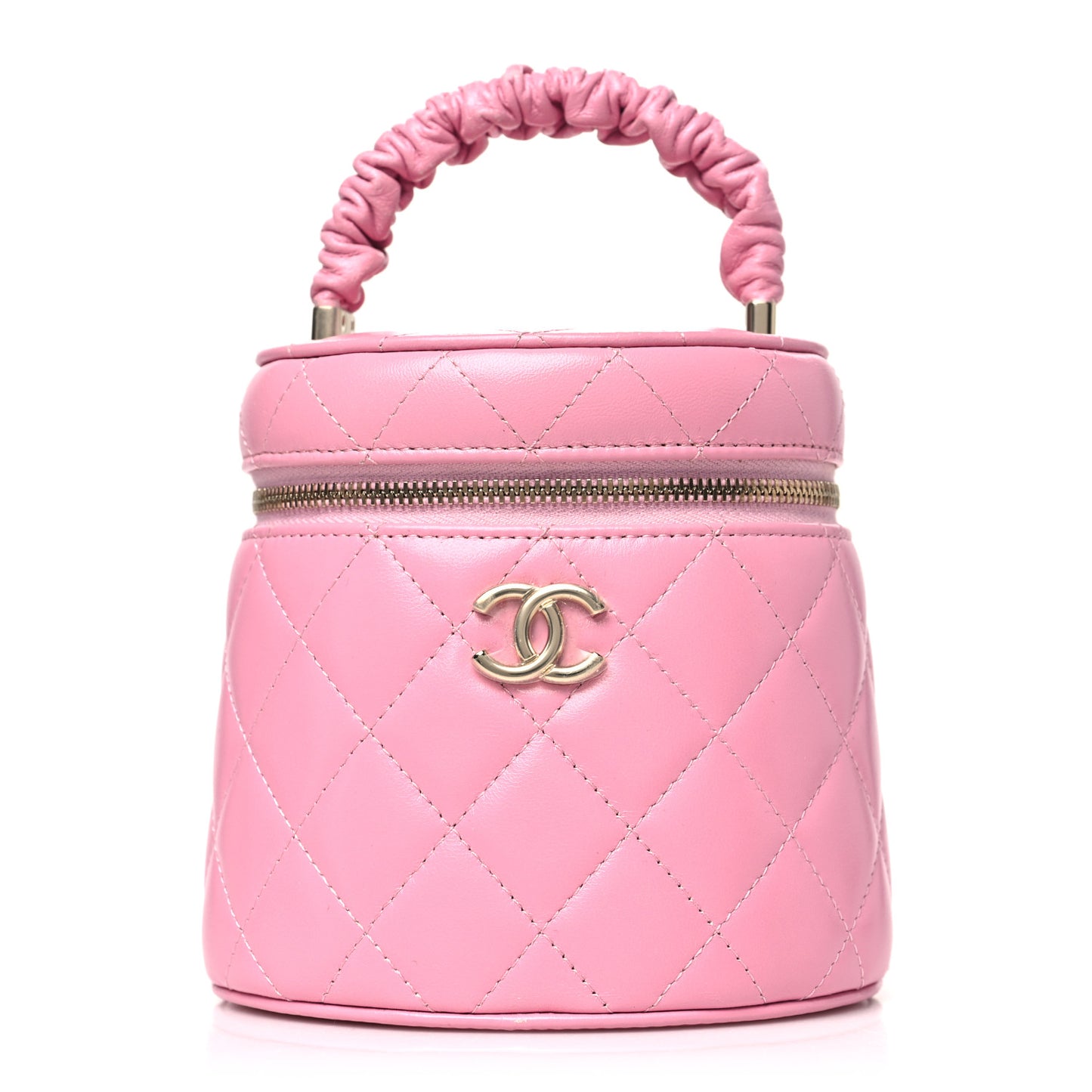 Lambskin Quilted Ruched Handle Vanity Case Pink
