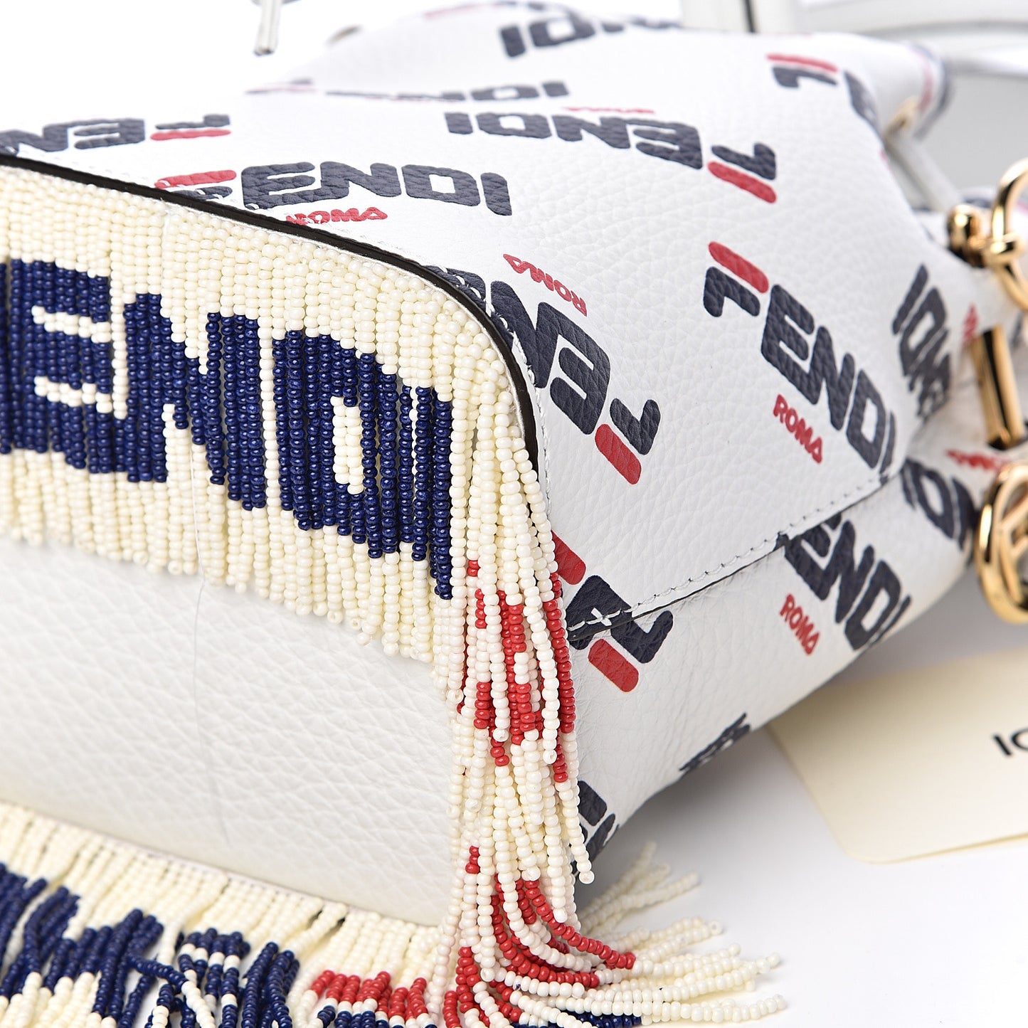X FILA Calfskin F is Fendi Mania Fringe Mini Mon Tresor Bucket Bag White