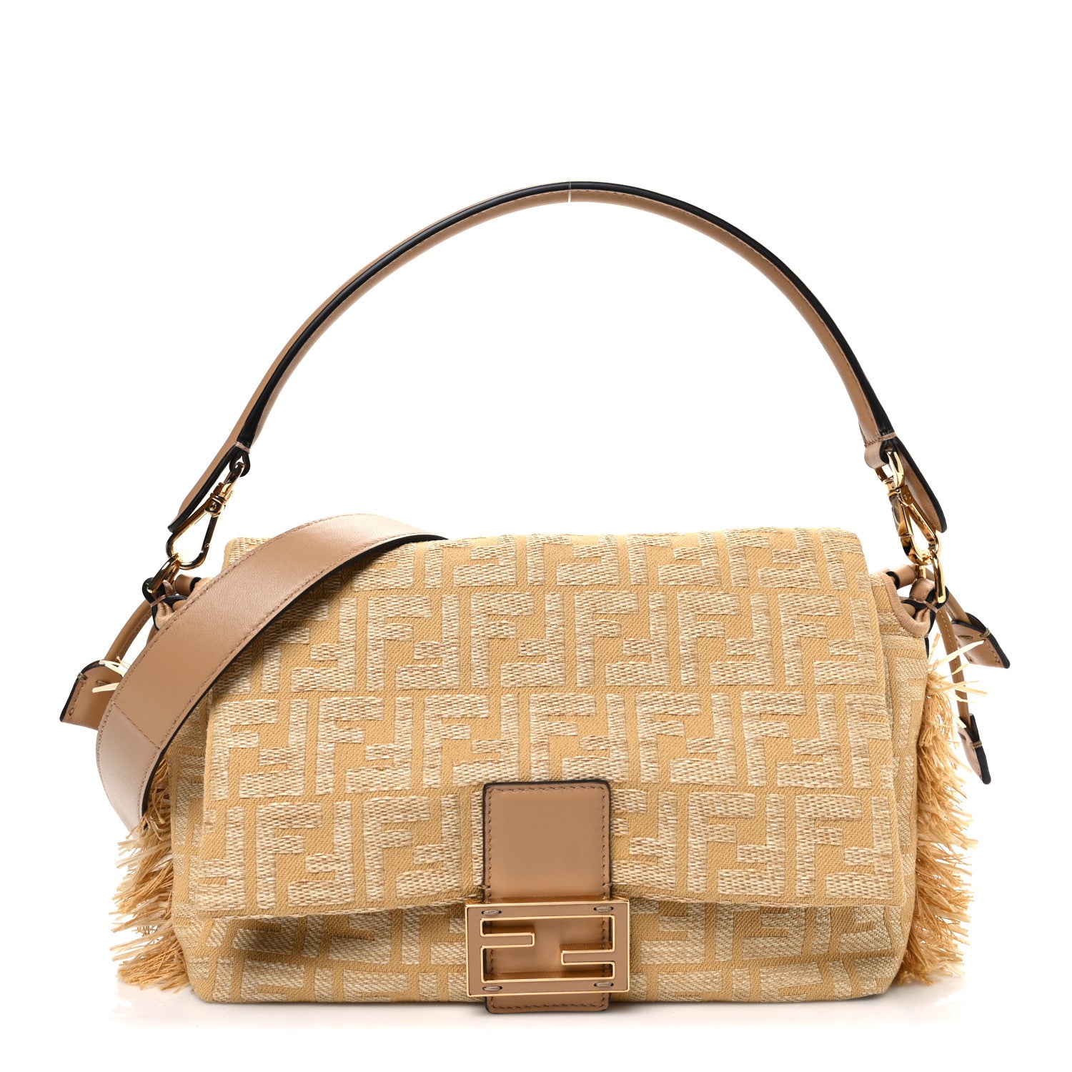 Fendi Fabric Jacquard Raffia Straw Fringe Medium Mamma Baguette Dark Honey 1 of 10