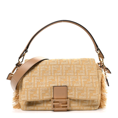 Fendi Fabric Jacquard Raffia Straw Fringe Medium Mamma Baguette Dark Honey 1 of 10