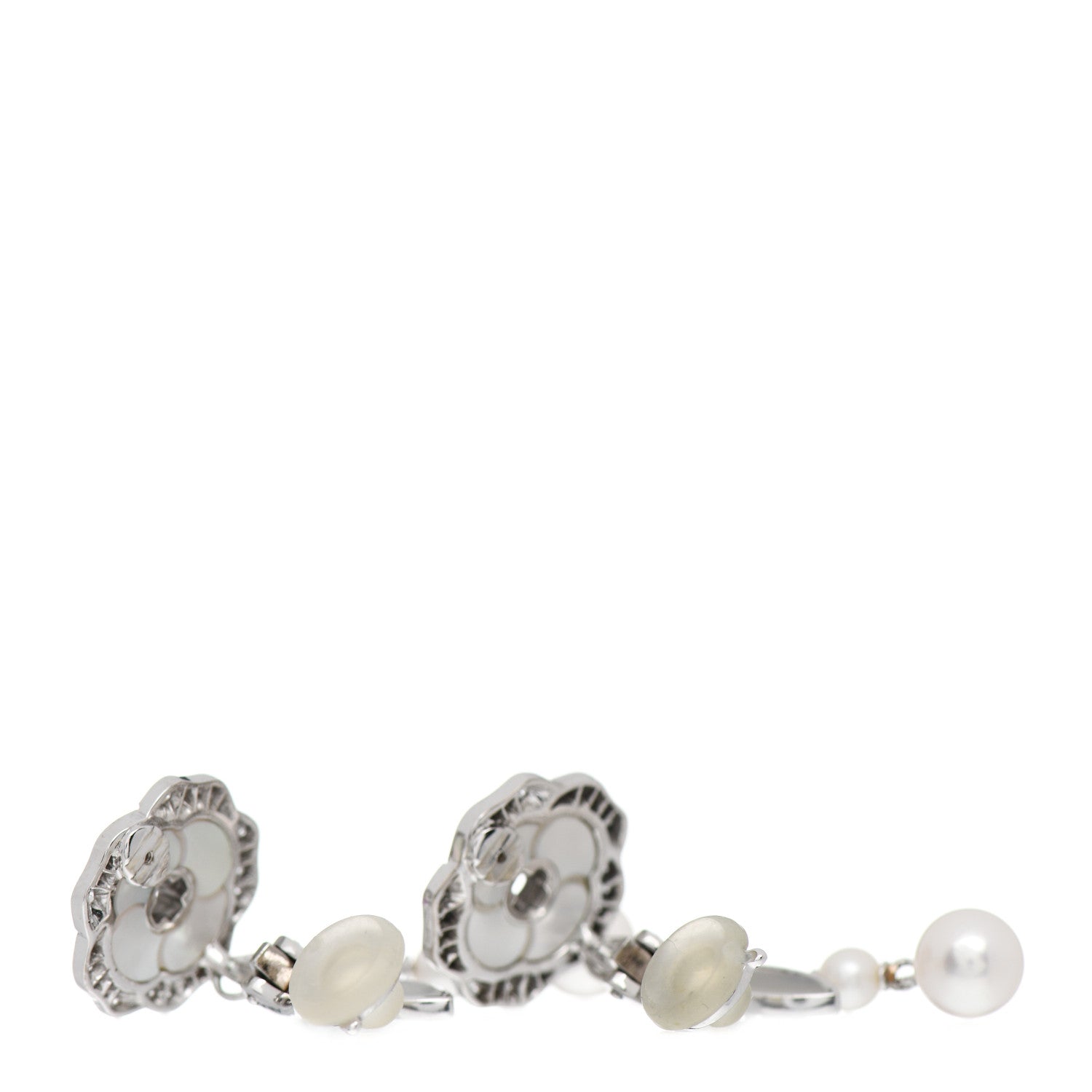 Chanel 18K White Gold Diamond Pearl Mother of Pearl Bouton De Camelia Transformable Clip-On Earrings 3 of 4