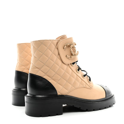 Chanel Lambskin Calfskin Quilted Lace Up Combat Boots 38.5 Beige Black 4 of 9