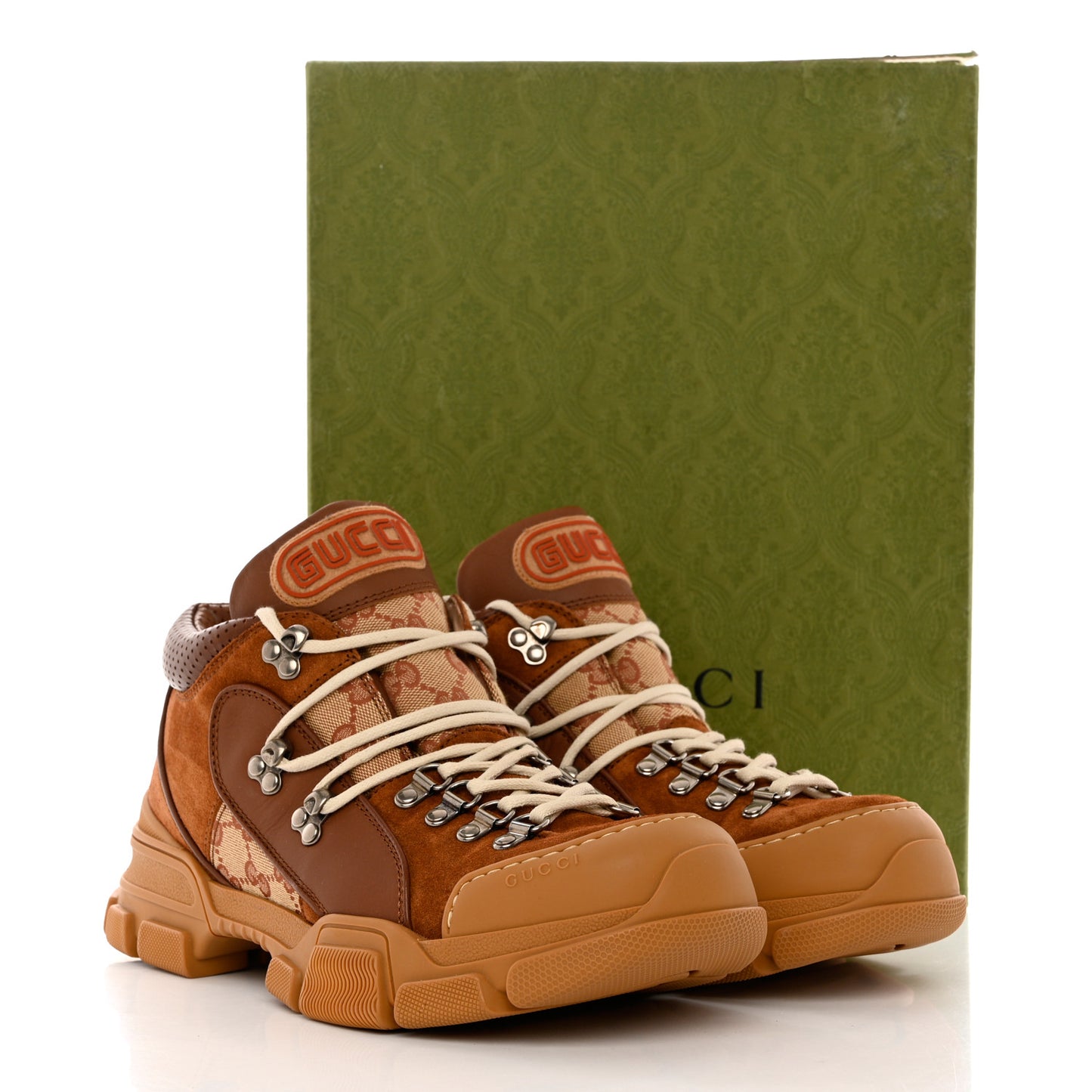 X SEGA Suede Calfskin GG Monogram Mens Flashtrek Sneakers 8.5 New Cuir Beige Ruggine