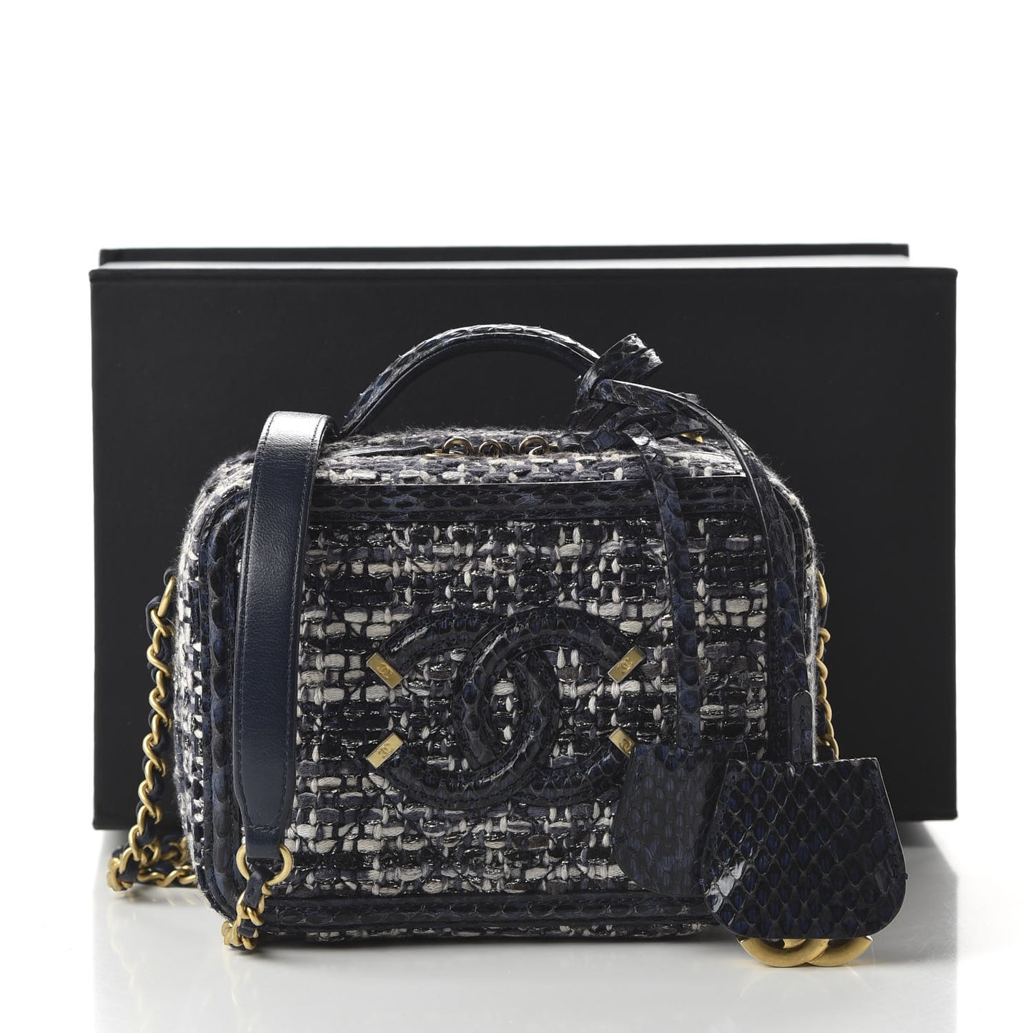 Tweed Snakeskin Quilted Small CC Filigree Vanity Case Black Ecru Silver