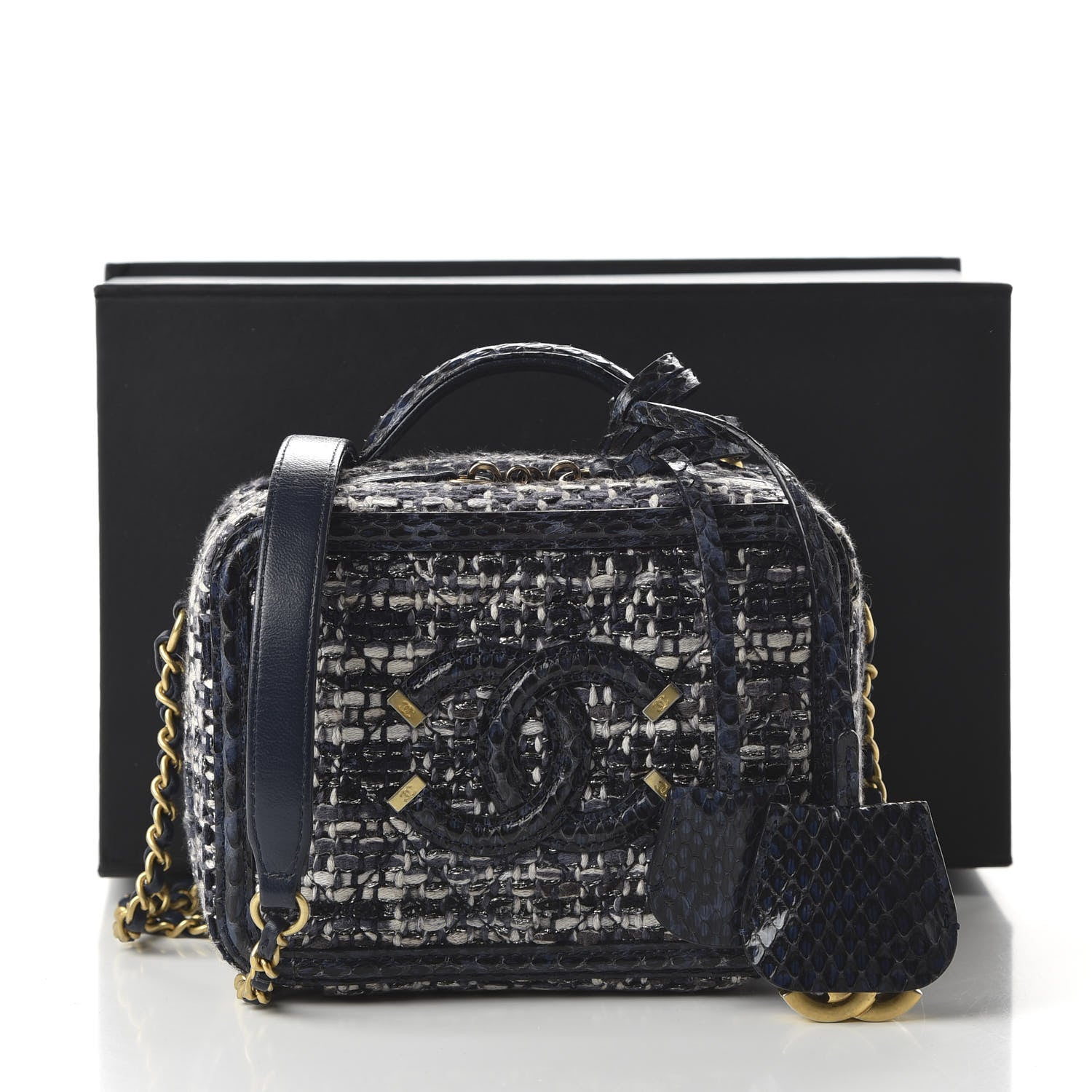 Chanel Tweed Snakeskin Quilted Small CC Filigree Vanity Case Black Ecru Silver 20 of 21