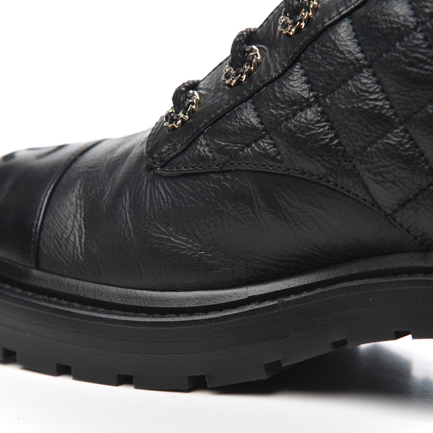 Chanel Shiny Goatskin Calfskin Quilted Lace Up Combat Boots 38 Black 13 of 17