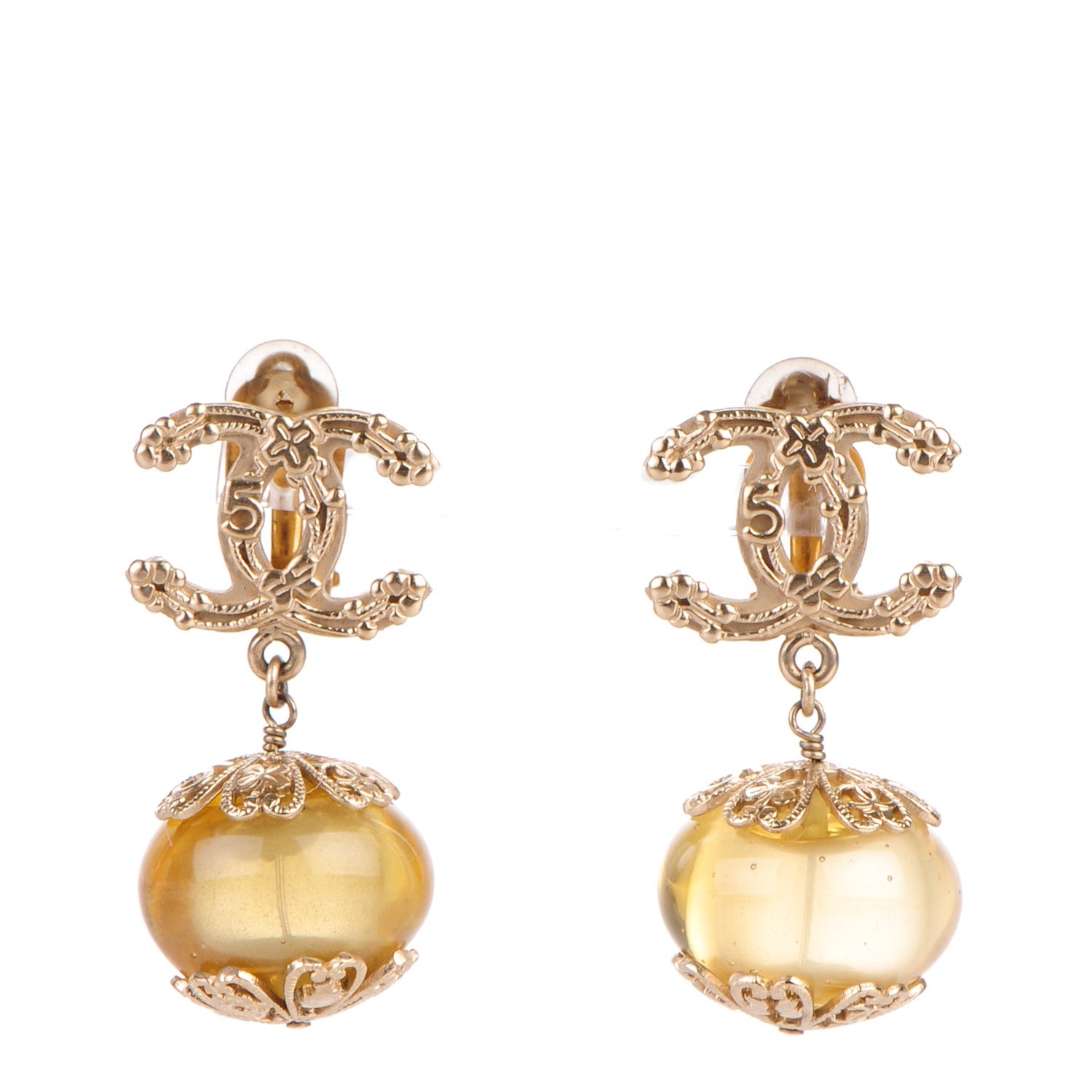Chanel Resin Lucky Symbols CC Drop Clip On Earrings Gold 1 of 4