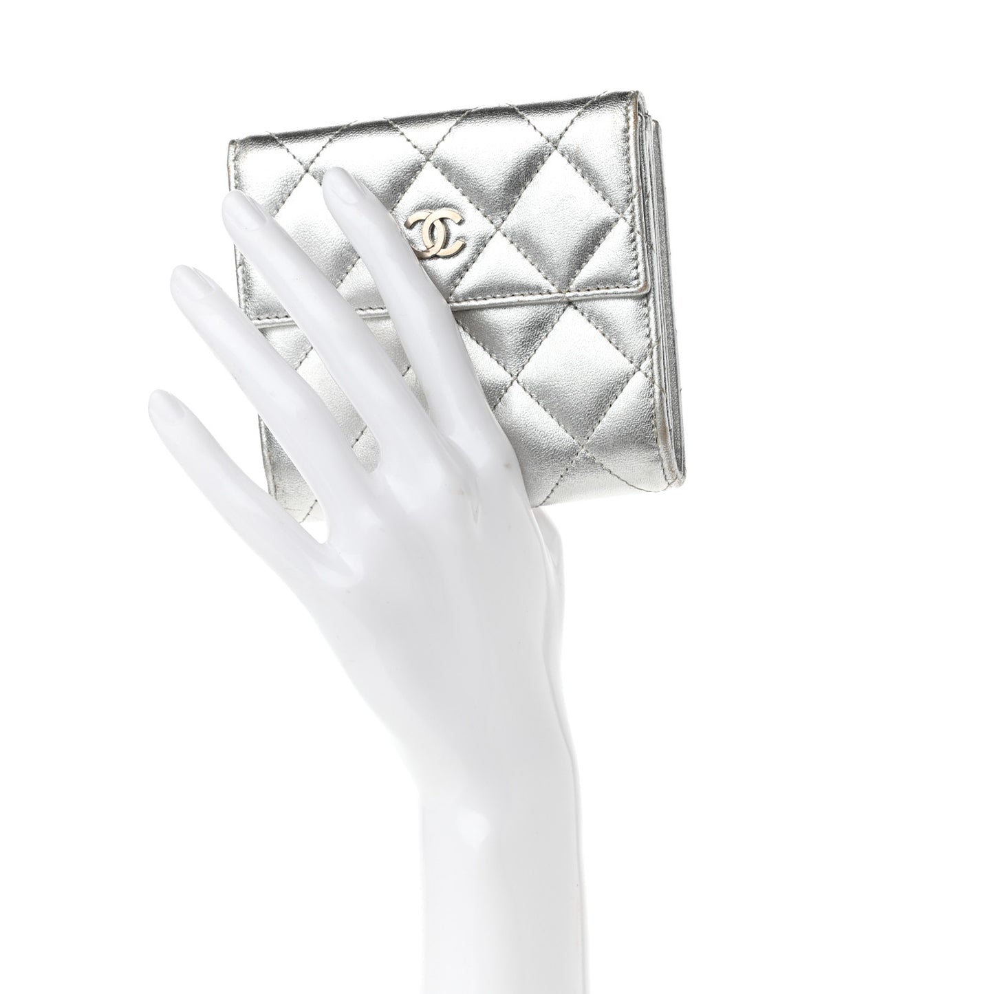 Metallic Lambskin Quilted Compact French Flap Wallet Silver