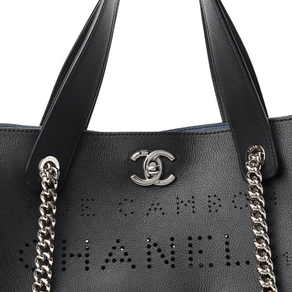 Chanel Calfskin Tweed Small Logo Eyelets Shopping Tote Black 11 of 12