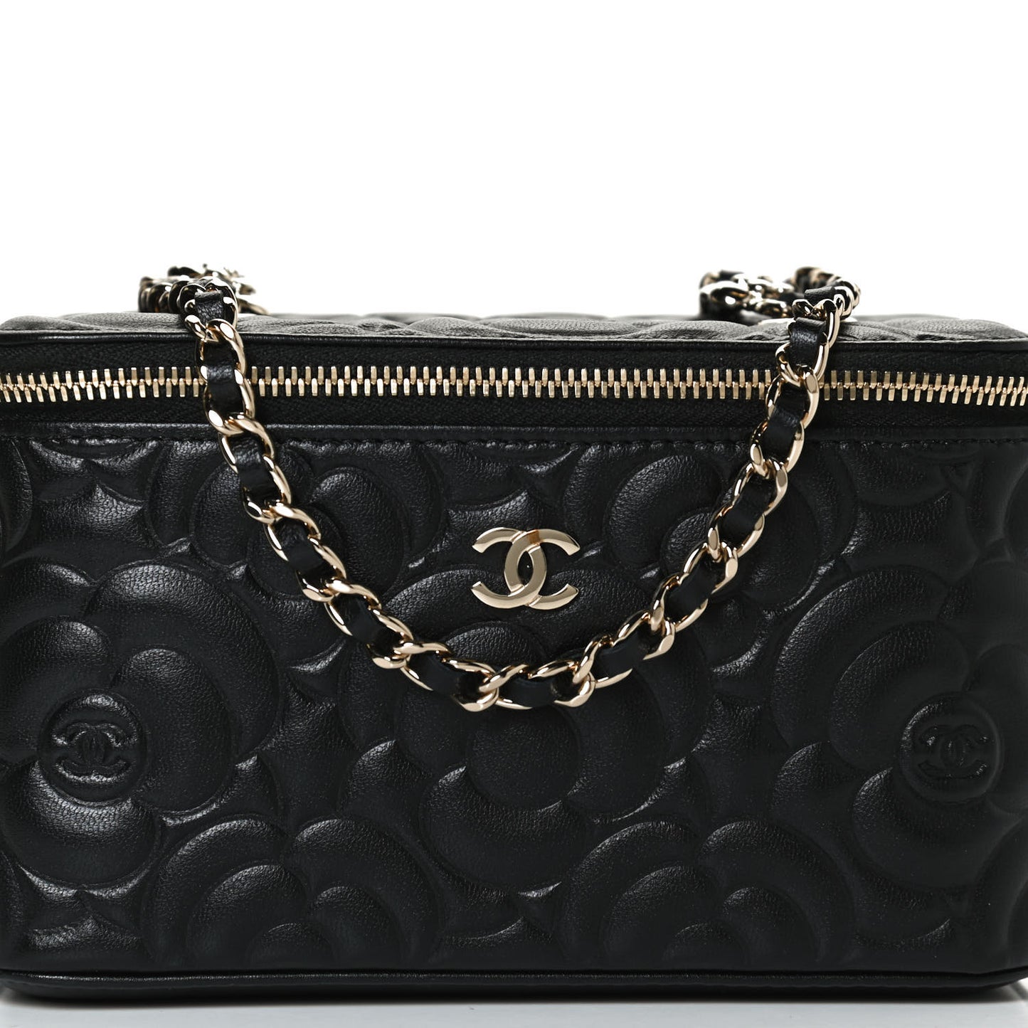 Lambskin Camellia Embossed Small Vanity Case With Chain Black