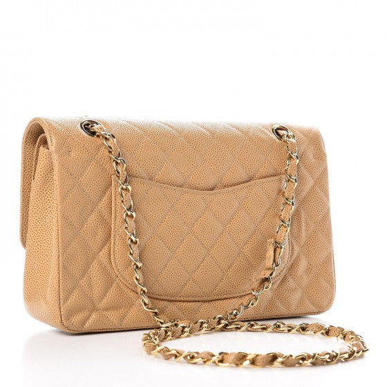 Caviar Quilted Medium Double Flap Beige