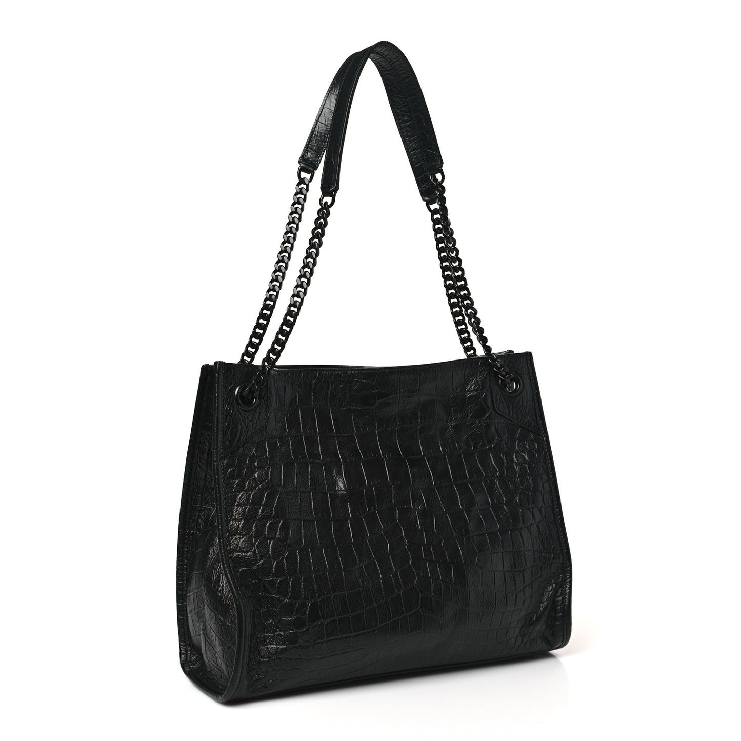 Calfskin Crocodile Embossed Monogram Medium Niki Shopping Bag Black