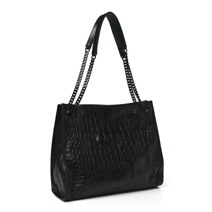 Saint Laurent Calfskin Crocodile Embossed Monogram Medium Niki Shopping Bag Black 3 of 9