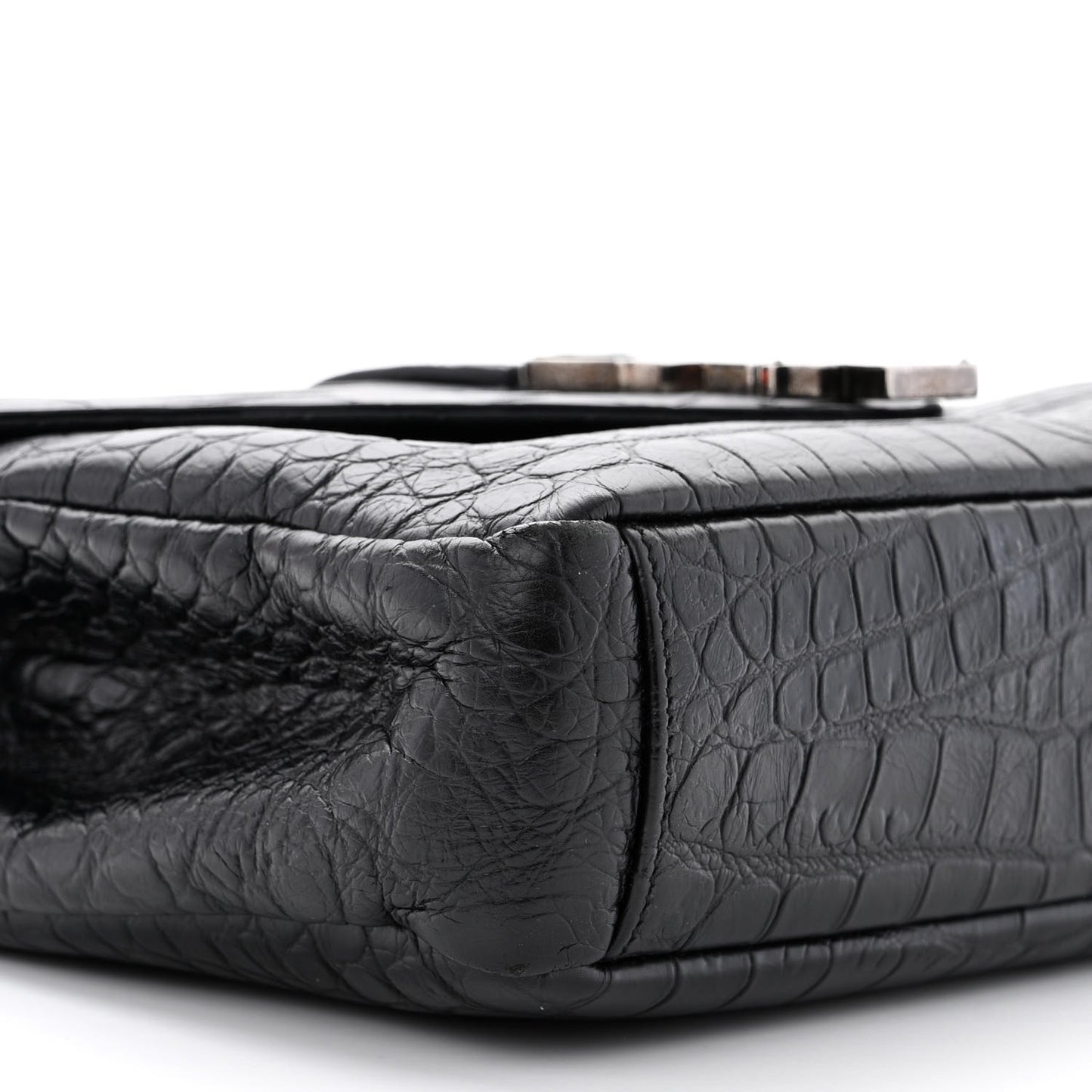 Calfskin Crocodile Embossed Medium College Monogram Satchel Black