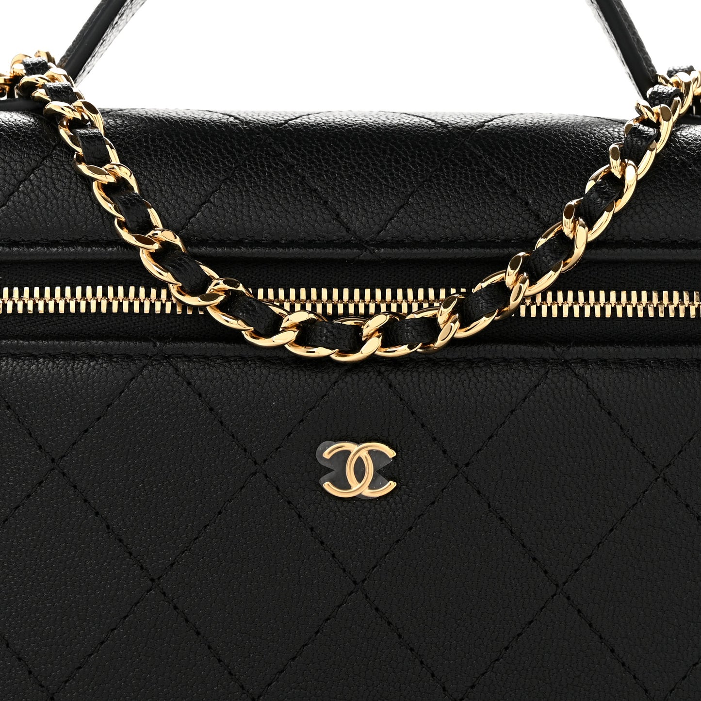 Goatskin Quilted Top Handle Slim Vanity With Chain Black